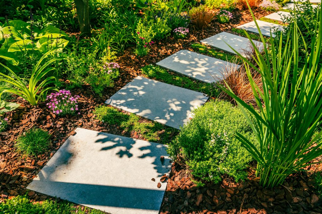 stone path in yard with shrubs