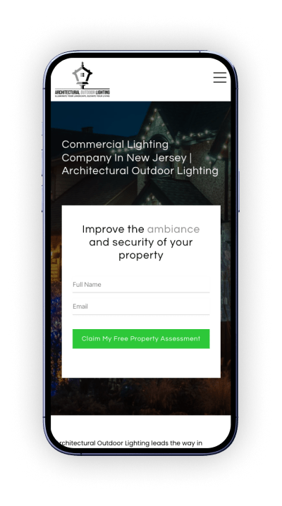 Architectural Outdoor Lighting service webpage on a mobile device showing the CRO strategies of form placement.