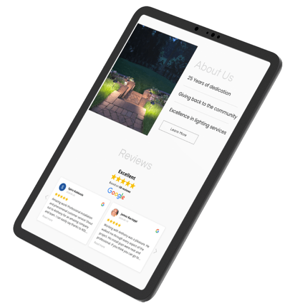 Architectural Outdoor Lighting "About Us" webpage on a tablet device. Showing the unique design and user trust strategies of Google reviews.
