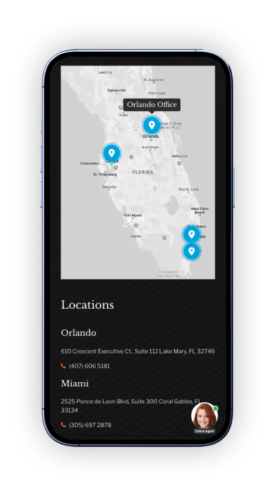 Bitman home webpage locations section on a mobile mockup. Showing site responsiveness and unique functionality.