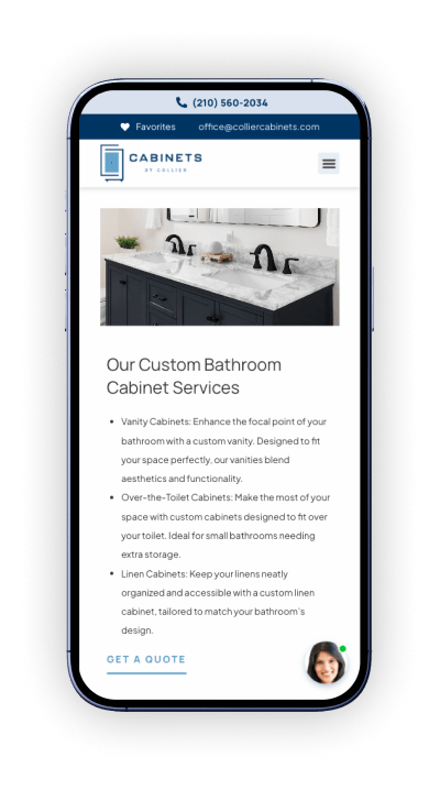 Cabinets by Collier Bathroom Cabinets webpage on a mobile device showing site responsiveness.