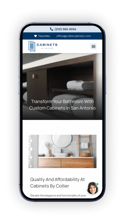 Cabinets by Collier San Antonio webpage on a mobile device showing site responsiveness.