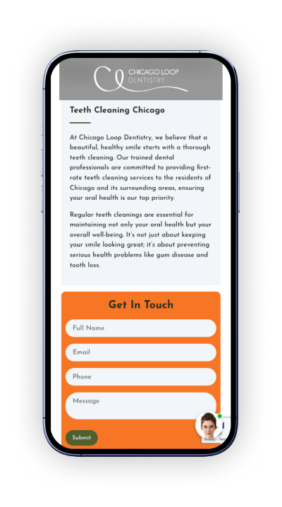 Chicago Loop Dentistry teeth cleaning in Chicago webpage on a mobile device focusing on the form placement. Showing site responsiveness.
