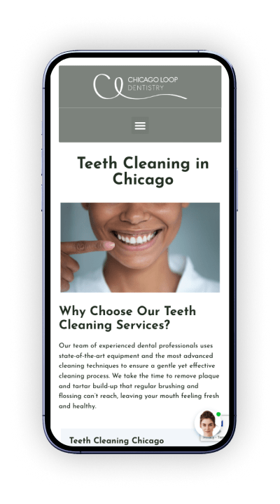 Chicago Loop Dentistry teeth cleaning in Chicago webpage on a mobile device. Showing site responsiveness.