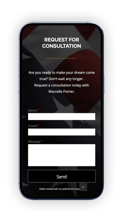 Marcelle Poirier website on a mobile device. Showing mobile responsiveness and form placement.