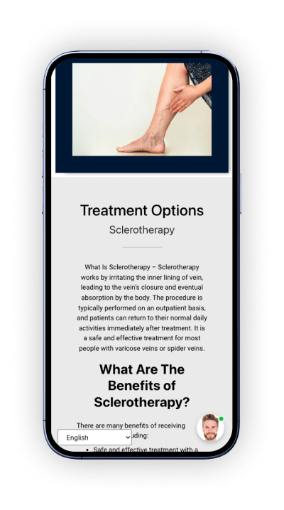 VASC Sclerotherapy service page on a mobile mockup. Focusing on unique content creation.