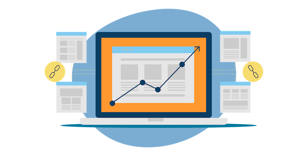 SEO illustration on a laptop of links, sitemap, and user journey.